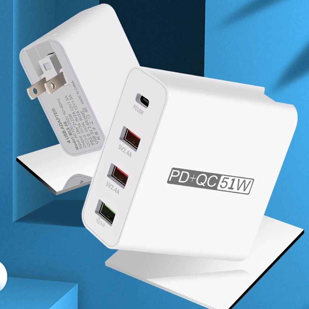 4 Ports USB PD Charger 51W Type C QC 3.0 4.0 Quick Charge Wall Charger For iPhone Huawei Xiaomi Fast Charging USB Power Adapter