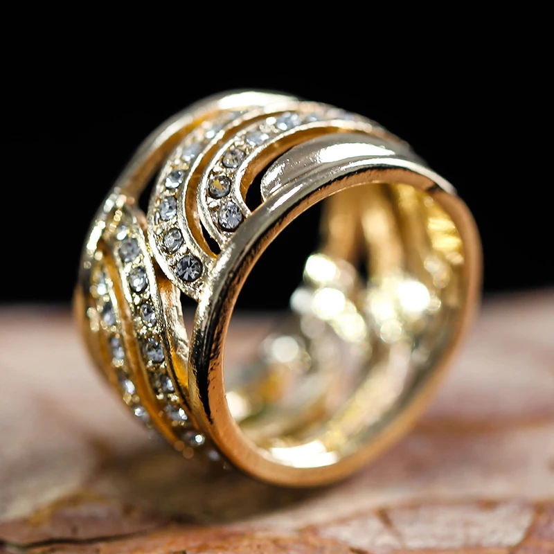 Уникальный Стиль большое Золотое кольцо на палец с кристаллами для вечерние