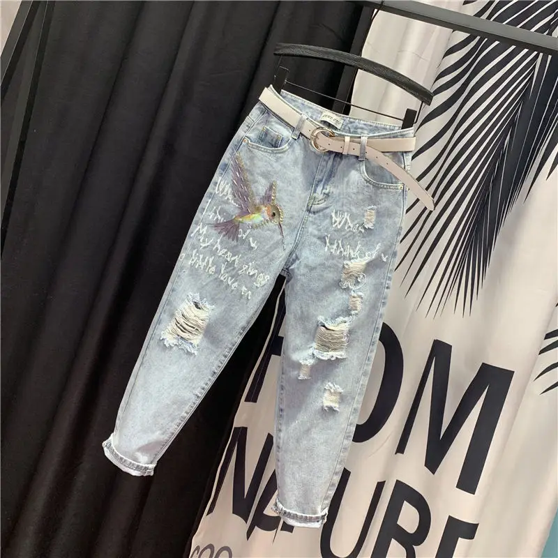

Fashion Trend Jeans Summer Womens Hot Diamond Loose Feet Harem Pants Harajuku Style Beading Letter Sequins Printed Denim Pants