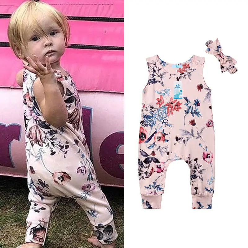 

Infant Kids Baby Girl Clothes Printed Floral Romper Baby Girls Clothing Jumpsuit Outfits Headband Set 3-24M