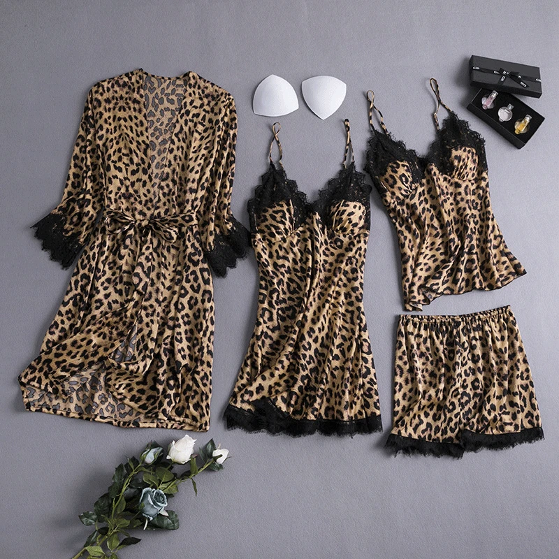 

Four-piece nightgown suit feminine ice silk suspender shorts suit leopard print thin nightdress nightgown Homewear SP0003