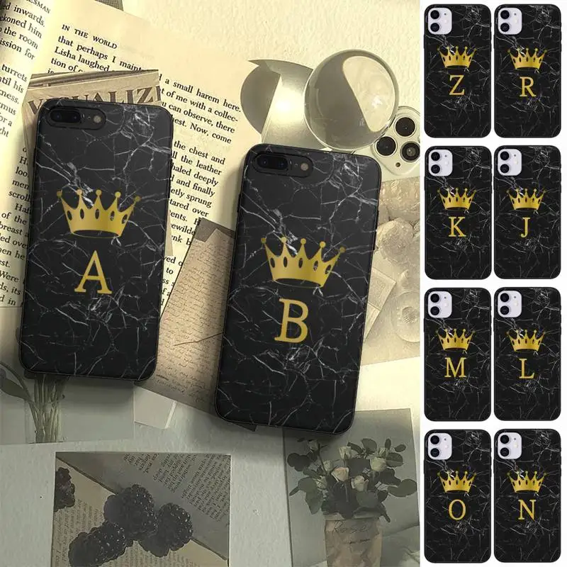 

Letter Monogram Black Marble Gold Crown Phone Case Fundas Shell Cover For Iphone 6 6s 7 8 Plus Xr X Xs 11 12 13 Mini Pro Max