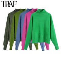 traf women fashion soft touch loose knitted sweater vintage high neck long sleeve female pullovers chic tops