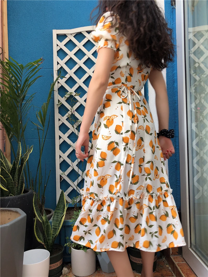 

Summer French Floral Lemon Print One-piece Wrap Dress Women V-neck Yellow Platycodon Elegant Short Sleeve Girl Dresses 2021 Robe