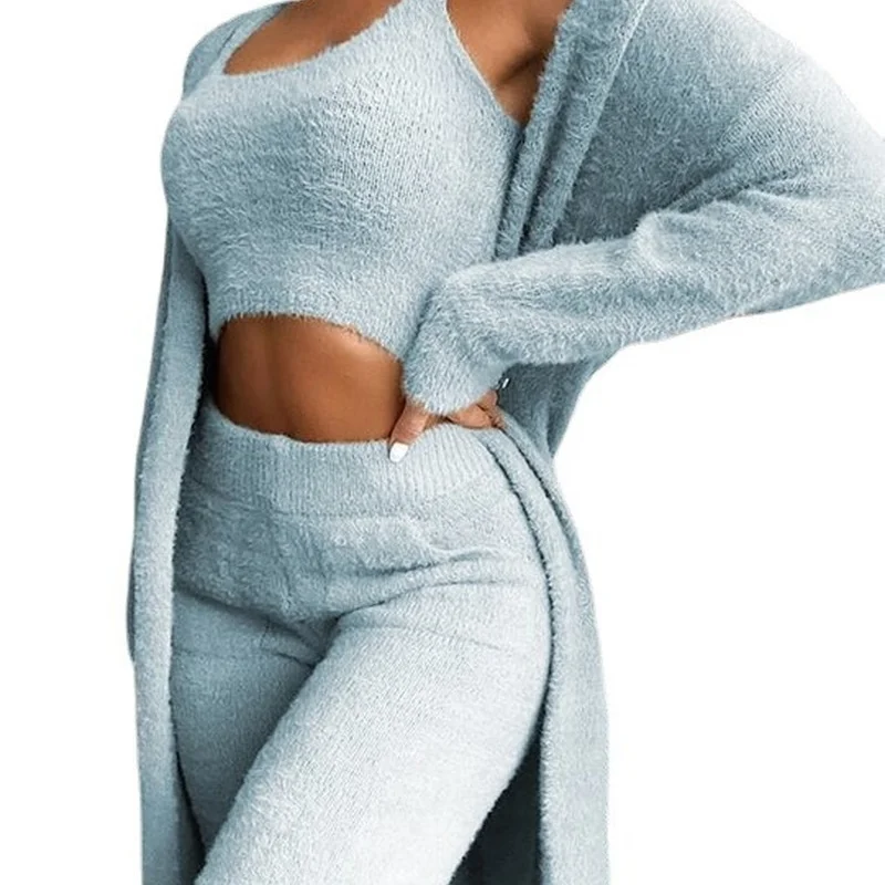 Autumn Winter Fur 3 Piece Outfits Sexy Backless Crop Tops Women Lingerie Home Service Lounge Wear Sets Tracksuit Fleece Pyjamas