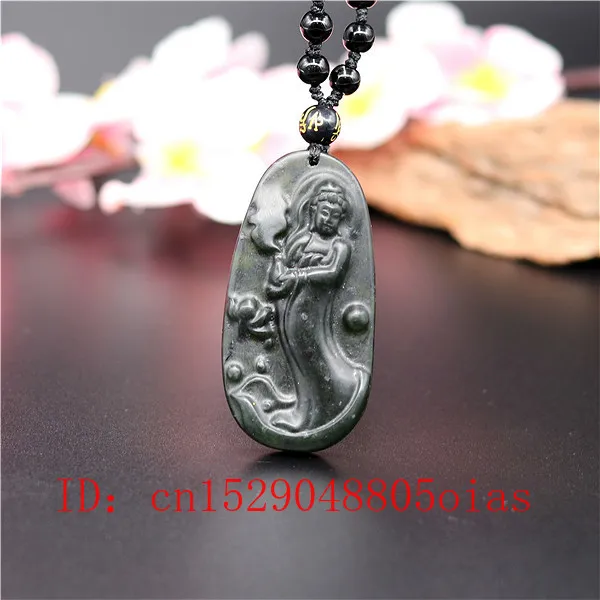 Natural Black Green Chinese Jade Guanyin Pendant Beads Necklace Charm Jewelry Obsidian Accessories Carved Amulet Gifts for Men | Украшения