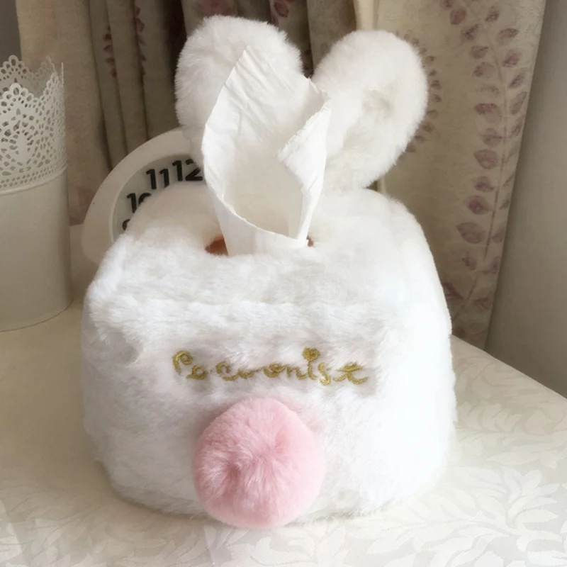 

Cute Soft Rabbit Fur Plush Tissue Box Holder Rabbit Ears Home Car Living Room Paper Towel Case Organizer