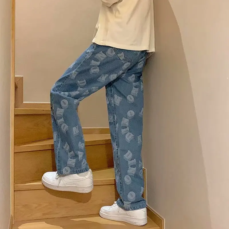 2021 Streetwear Abstract Funny Jeans Patchwork Printed Hip Hop Wide Leg Pants Men High Street hiphop | Мужская одежда