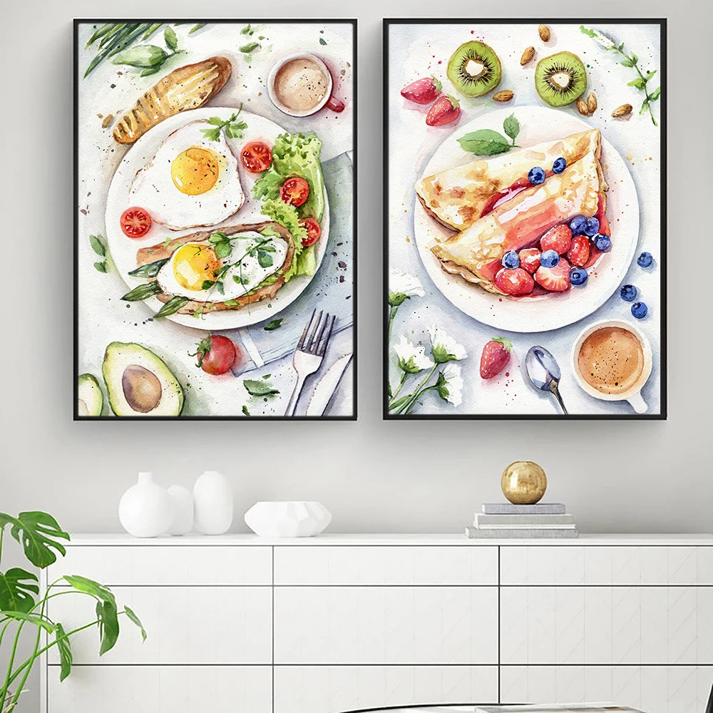 

Kitchen Watercolor Funny Posters and Prints Foods Fruits Canvas Wall Pictures Brunch Breakfast Art Painting Dingroom Decor Gifts