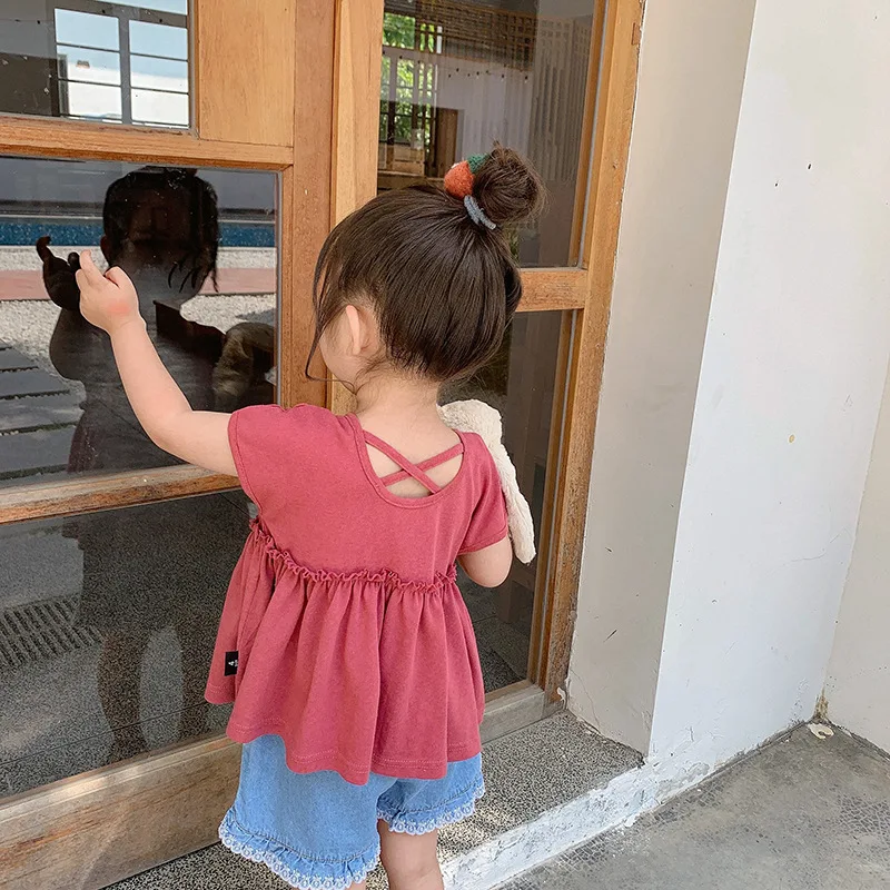 

2021 Summer Children's Wear Girls Solid Color Korean Leisure Backless Cross Bamboo Hemp T Shirt