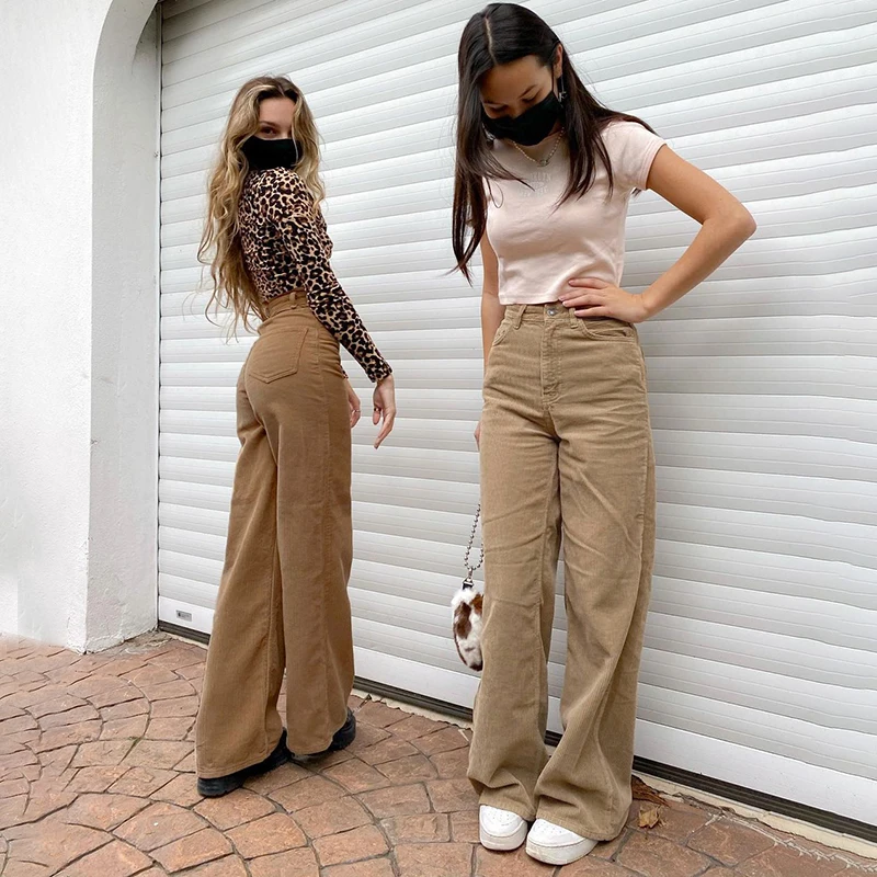 

High Waist Corduroy Pants Womens Casual Solid White Brown Pants Loose Long Trousers Streetwear Straight Wide Leg Pants Women