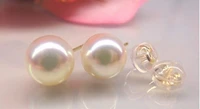 free shipping gorgeous a pair 8-9mm Japanese AKoya round white pearl stud earring18k