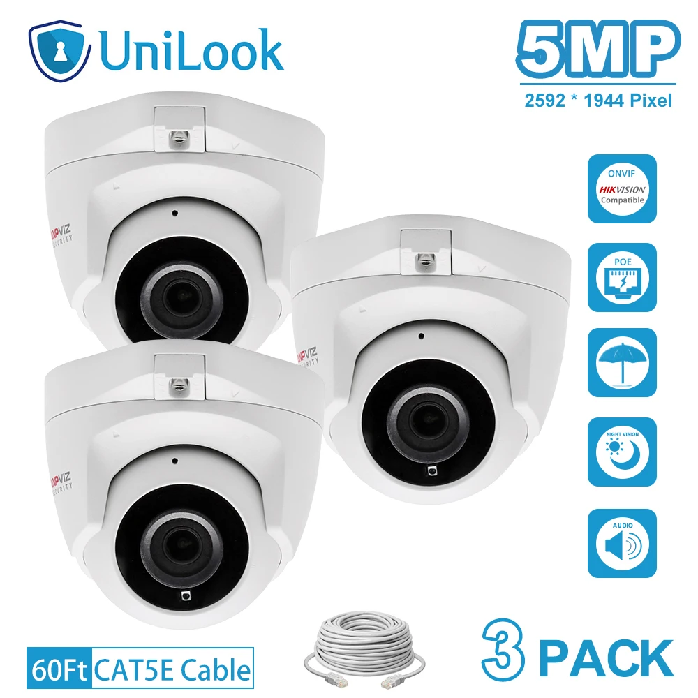 

3 шт. 5MP мини купольная POE IP камера, встроенный микрофон, наружная охранная CCTV камера IR 30m IP66 ONVIF H.265 для оптового заказа
