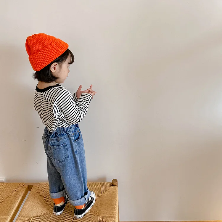 

2020 Autumn Boys and Girls Solid Color Cowboy Straight Loose-Fit Curling Jeans Toddler Denim Casual Cotton Trousers for Kids