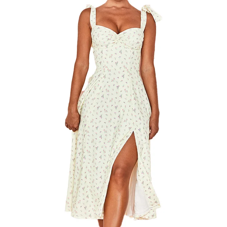 

New Ladies Sexy Fashion V-neck Sling Lace-up Floral Back Split Base Dress Women