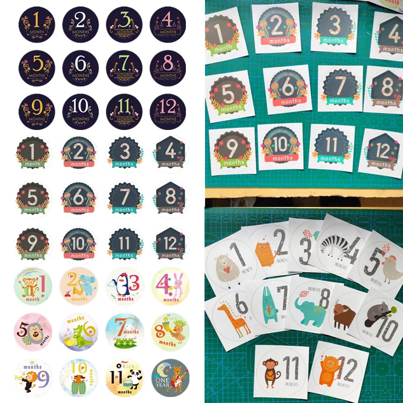 12 hojas de pegatinas de dibujos animados para beb&eacute;, accesorios de recuerdo para reci&eacute;n nacido, mensual, grabaci&oacute;n de memoria, fototarjetas-0
