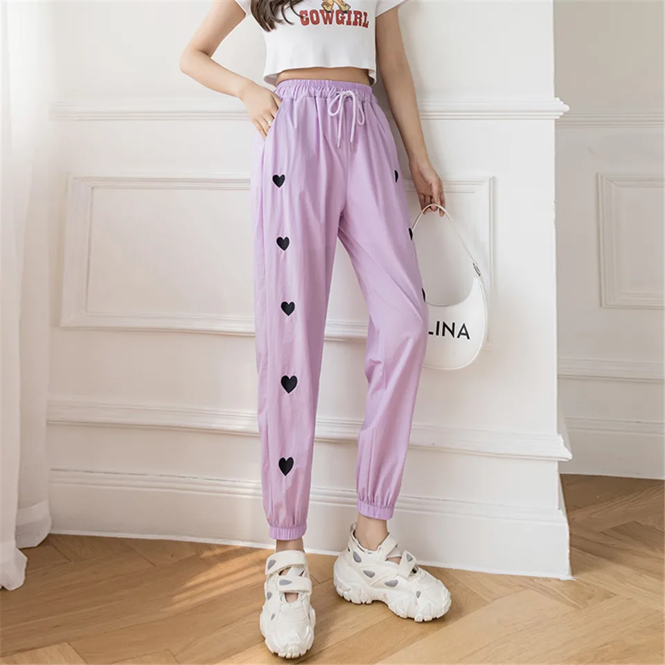 

Summer Thin Loose Embroidery Love All-match Harem Pants Women Fashion Casual High Waist Pants Long Trousers Korean Chic New