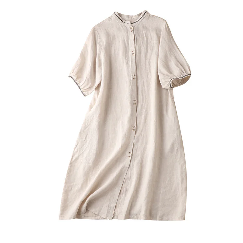 

SHUCHAN Shirt Dress Straight Vintage 100% Linen Embroidery Mid-Calf O-Neck Vestido Largo Mujer Informal Femenino