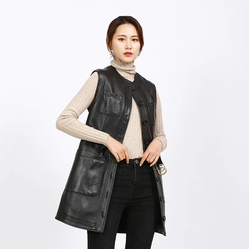 

Женская приталенная куртка из натуральной кожи, куртка средней длины без рукавов, жилет из овчины, 2022