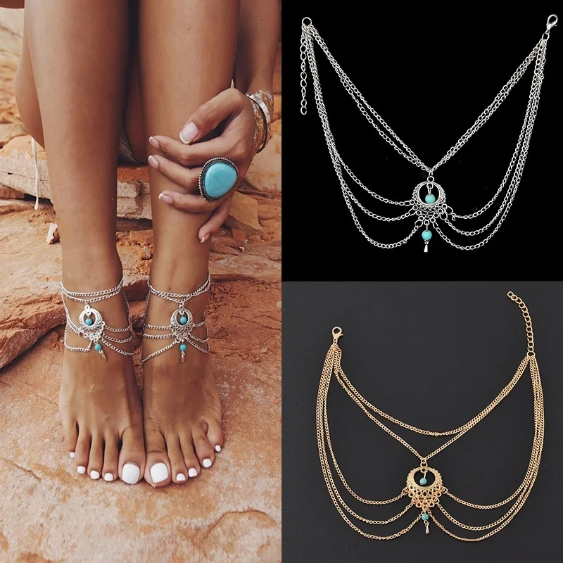 

Vintage Antique Silver Anklet Women Turquoise Beads Bohemian Ankle Bracelet tornozeleira chaine cheville Boho Foot Jewelry