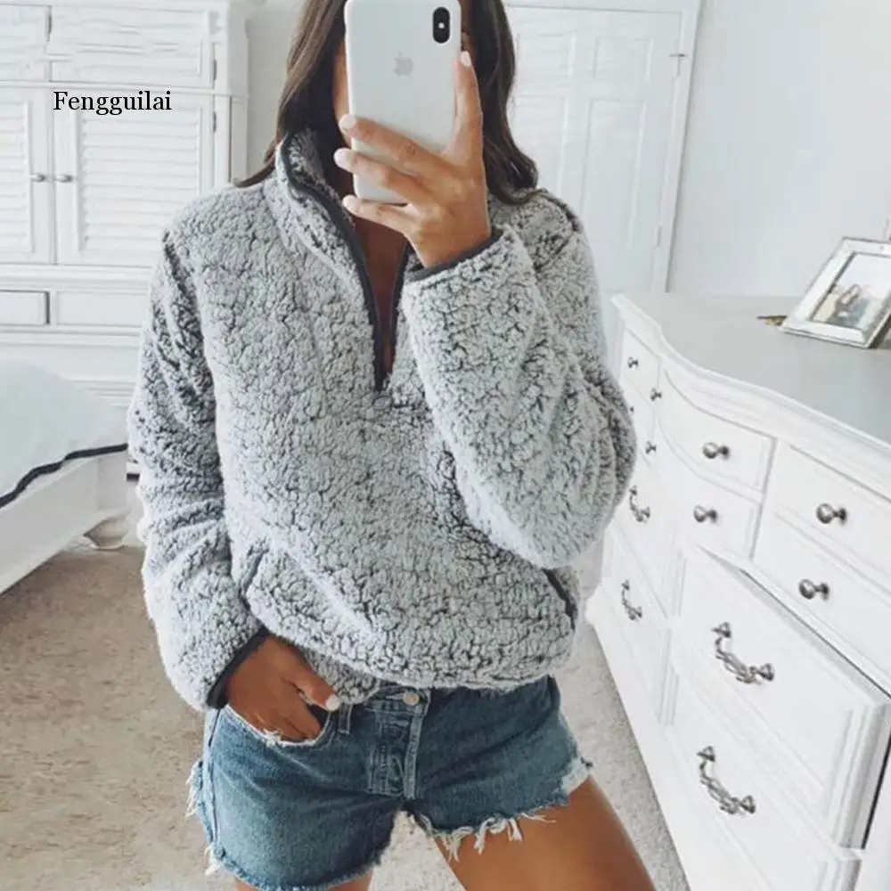 

Hoodies Women Winter Warm Sweatshirts Zipper Turn Down Collar Solid Harajuku Pullover Fashion Long Sleeve Women Sweatshirts