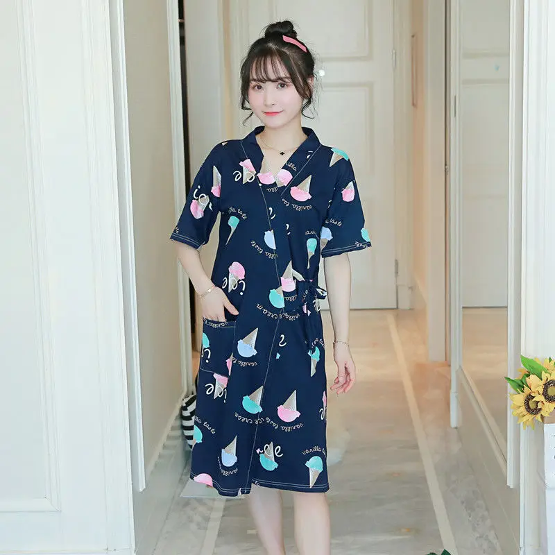 

Women Robes Summer Short Sleeve Bathwear Kimono Pajamas Comfortable Bath Gown Nightgown Print Loose Korean Style Sweet Kawaii