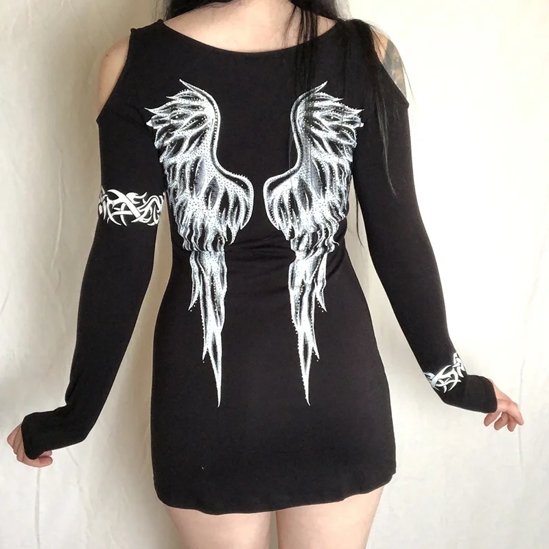 

Hirigin, черное платье с графическим принтом крыла, гранж, Fairycore Y2K, мини-платье, женское готическое платье с вырезом, платья 2021