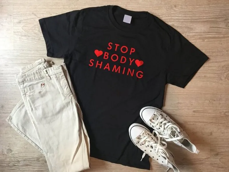 

Women Stop Body Shaming Floral Letter Streetwear Tee Casual Graphics Black Top Soft Funny Slogan Crew Neck T-Shirt