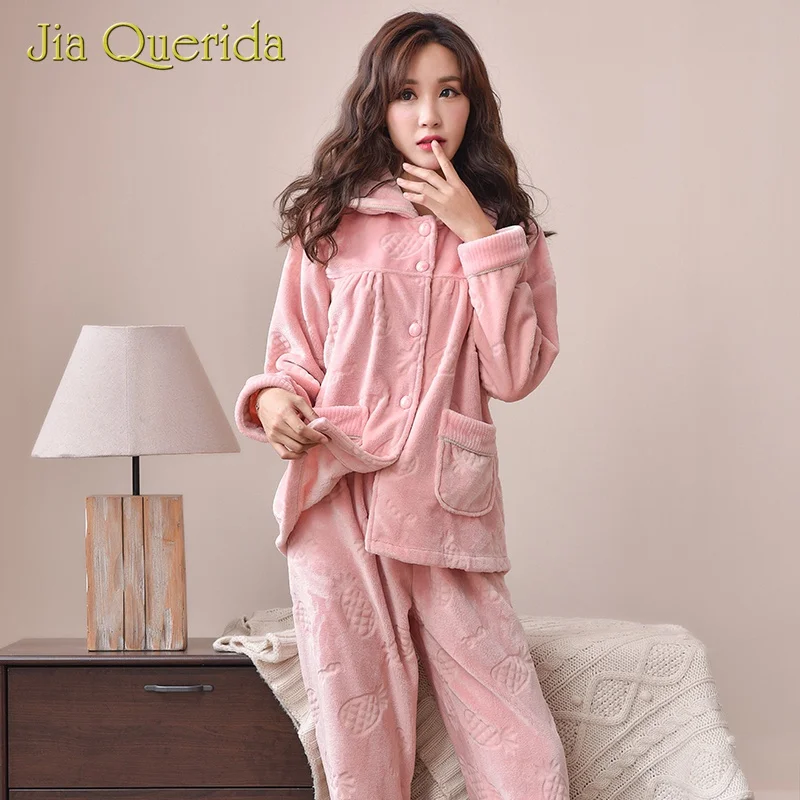 Милый розовый пижамный комплект для женщин зимняя теплая фланелевая одежда в