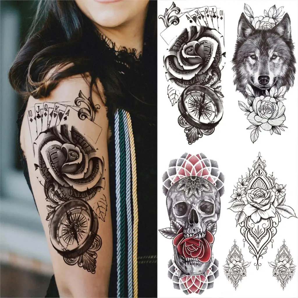 Временные татуировки с черным компасом и розой для женщин мужчин реалистичные в