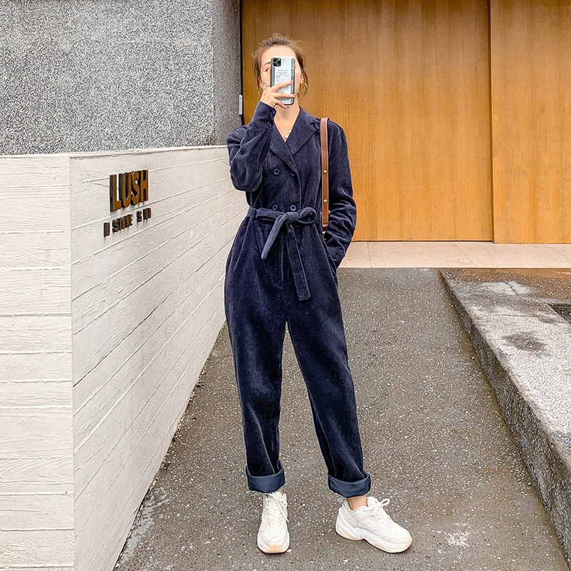 Вельветовые комбинезоны для женщин с длинным рукавом Свободные двубортные Sashe