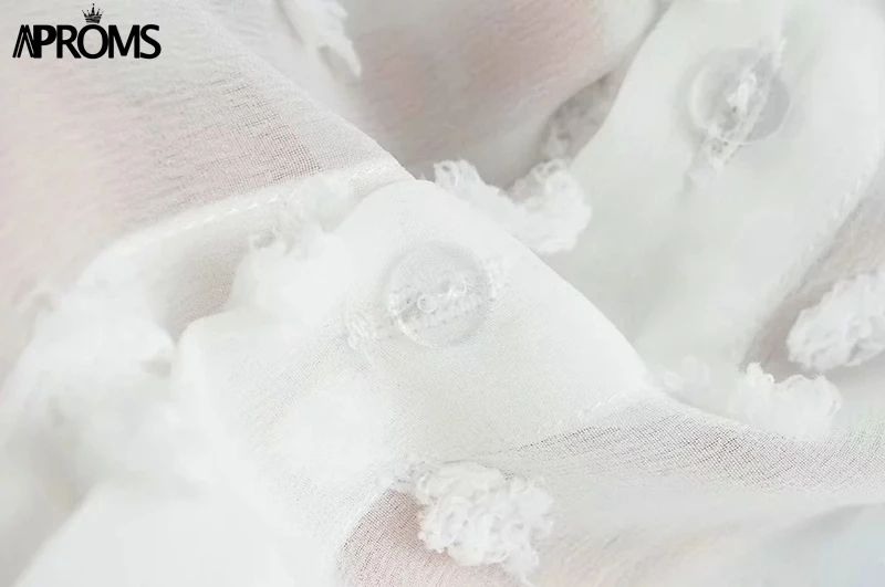 Aproms, винтажные, в горошек, с кисточками, белые блузки, рубашки для женщин,, длинный рукав, Пляжная туника, элегантная шифоновая рубашка, повседневные женские топы