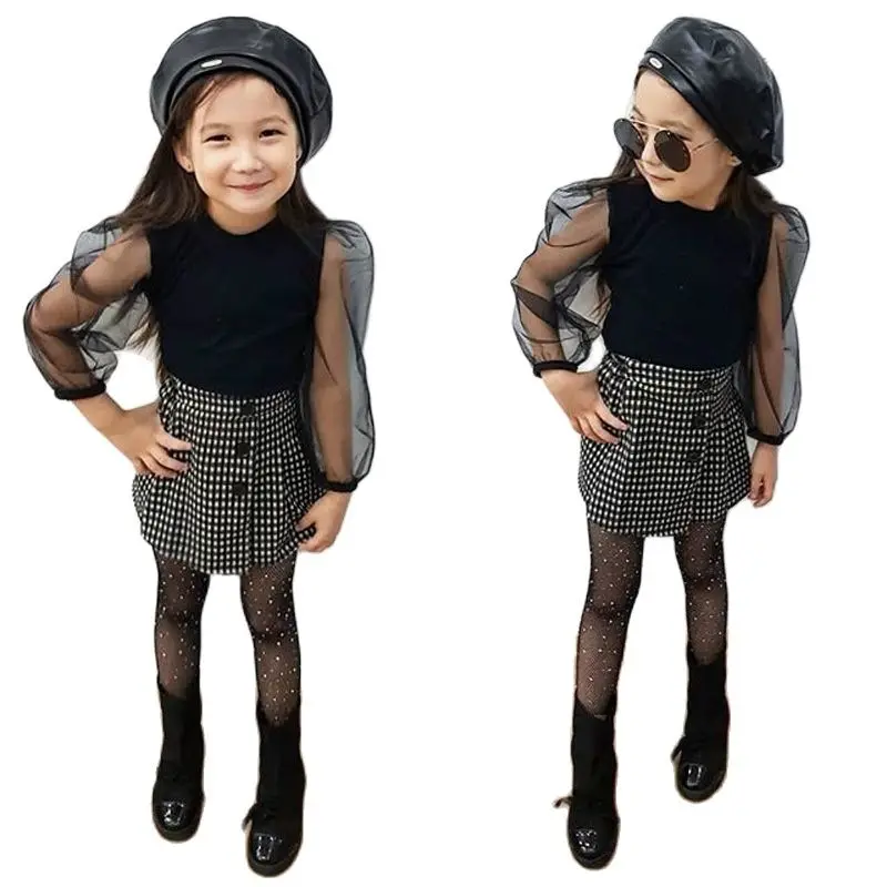 

2-6Y Korean Fashion Toddler Girls Clothes Long Puff Mesh Sleeve Blouse Shirt+Plaid Skirt 2pcs Outfits Set Children 's Tracksuit