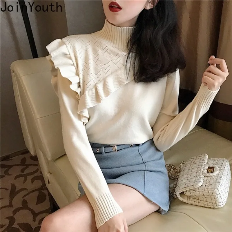 JoinYouth Sweaters Women Turtleneck Ruffles Korean Vintage All Match Pullovers 2020 Autumn Winter Pull Femme Elegant Slim J227 | Женская