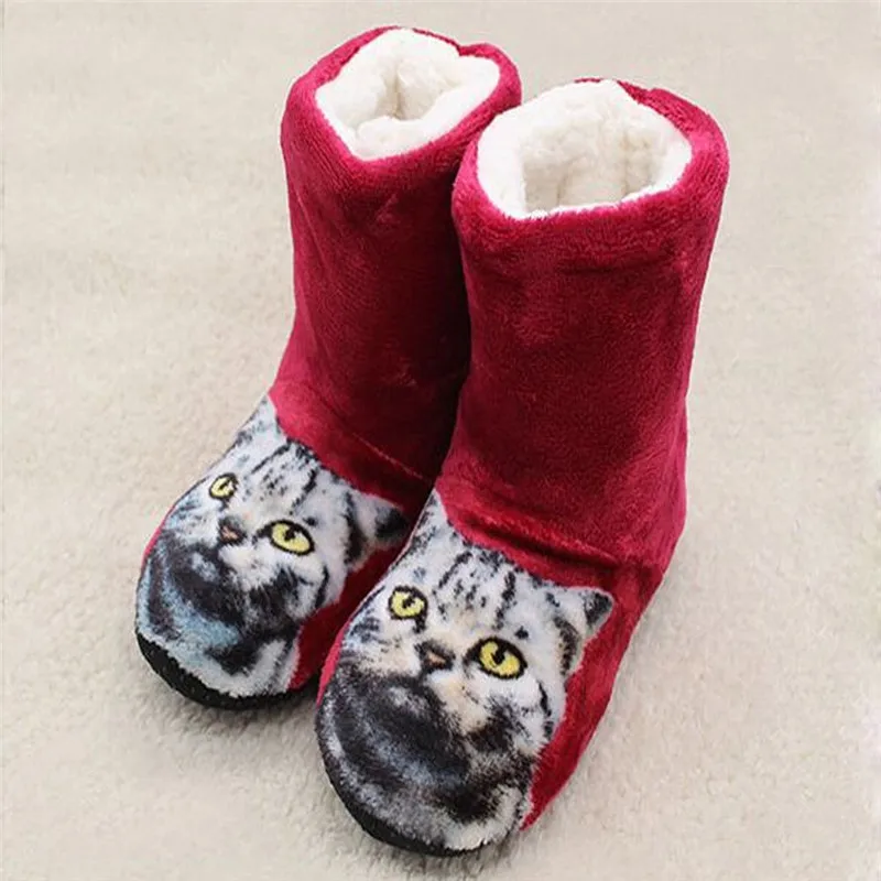 Женские домашние ботинки с принтом кота Зимние ботильоны из толстого плюша