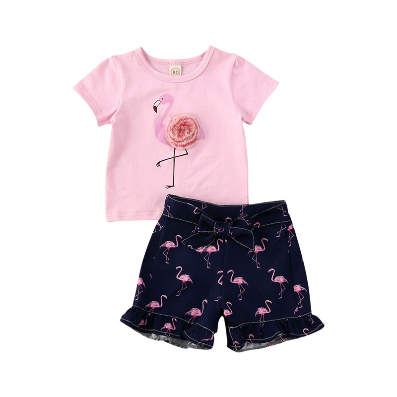 Футболка с коротким рукавом и фламинго для девочек голубые шорты бантом комплект