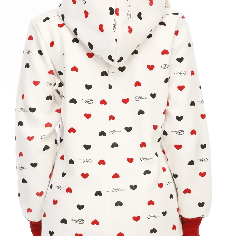 

Winter Zipper Heart Print Cotton Blend Hooded One-piece Pajamas for Women White Color Long Sleeve Long Pants Loose Tracksuit