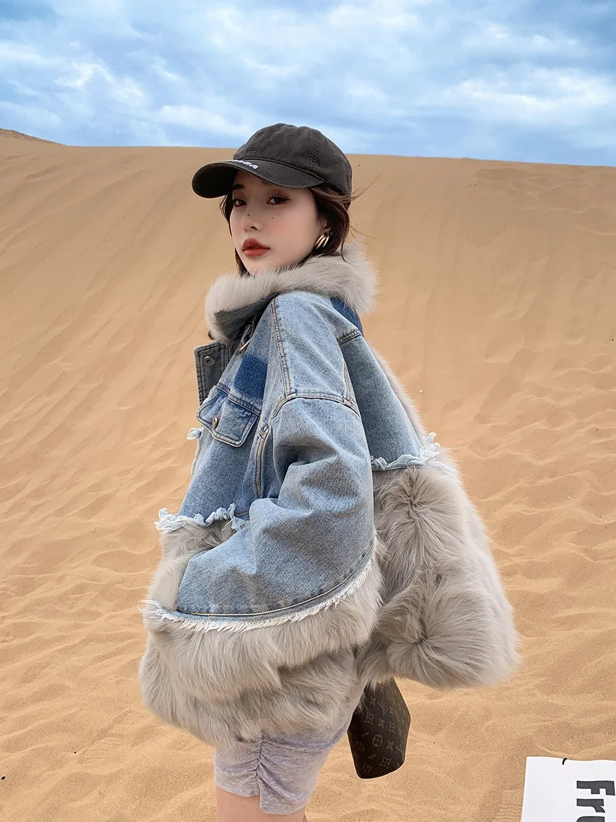 

Женская джинсовая парка Am Fur, джинсовая парка средней длины с лисьим мехом, 2021