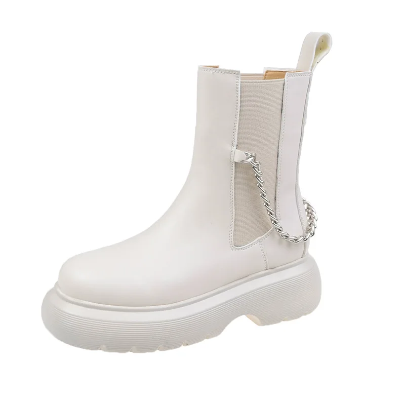 Elastic Chelsea Boots Women Fashion Metal Chain Punk Black Boots Female Casual Shoes High Top Ankle Shoes Thick Bottom