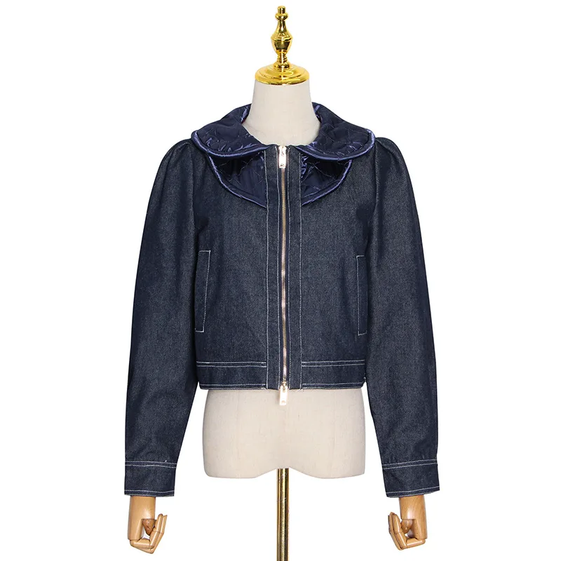 

Winter 2020 New Fashion Casual Wooden Ear Edge Lapel Long Sleeve Solid Zipper Denim Jacket For Women Patchwork Tops 82RZ