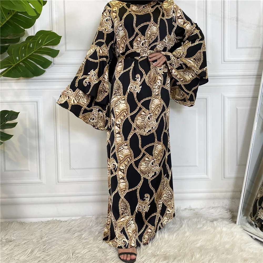 Свободный халат с принтом для мусульманских женщин, Дубай, абайя, Арабская Женская мода, Двухслойное длинное платье с расклешенными рукавам...