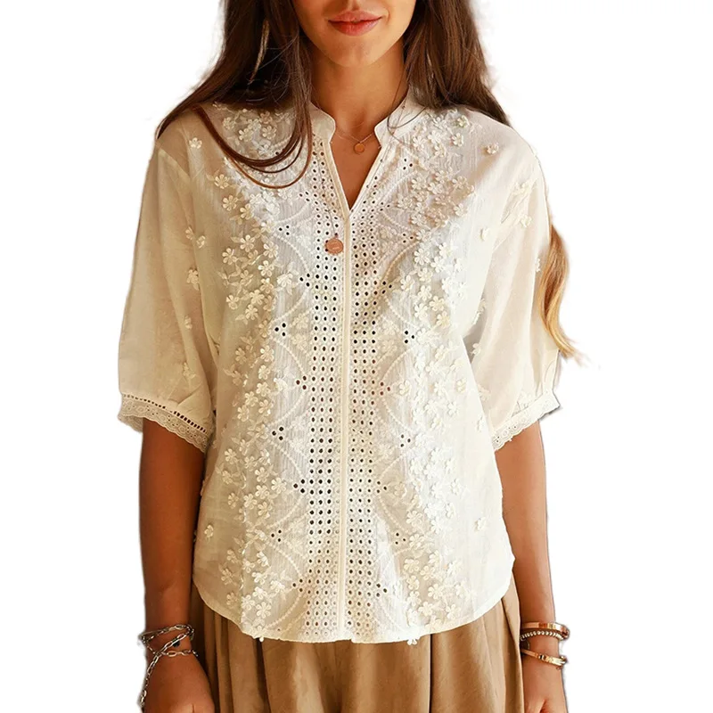 Женская Повседневная белая блузка с треугольным вырезом и коротким