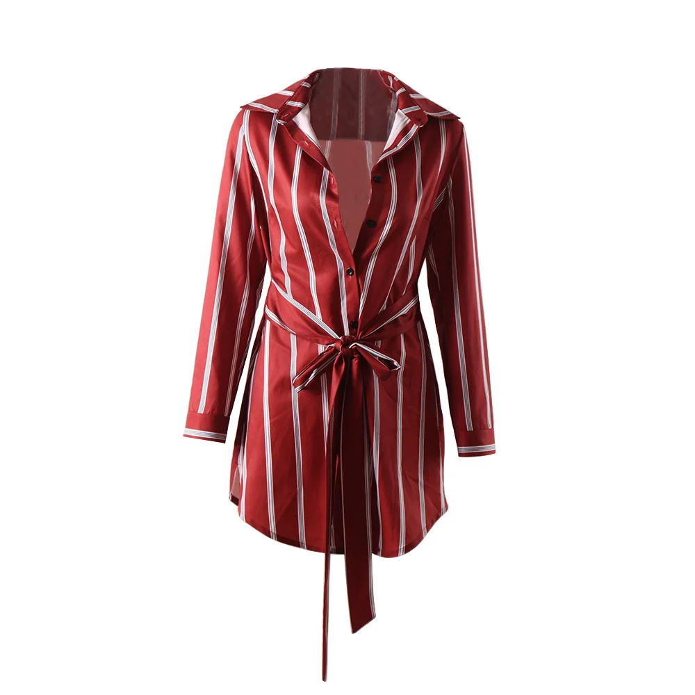 

Elegant Striped Mini Dresses Women Casual Long Sleeve Sexy Deep V-Neck Lace Up Shirts Dress