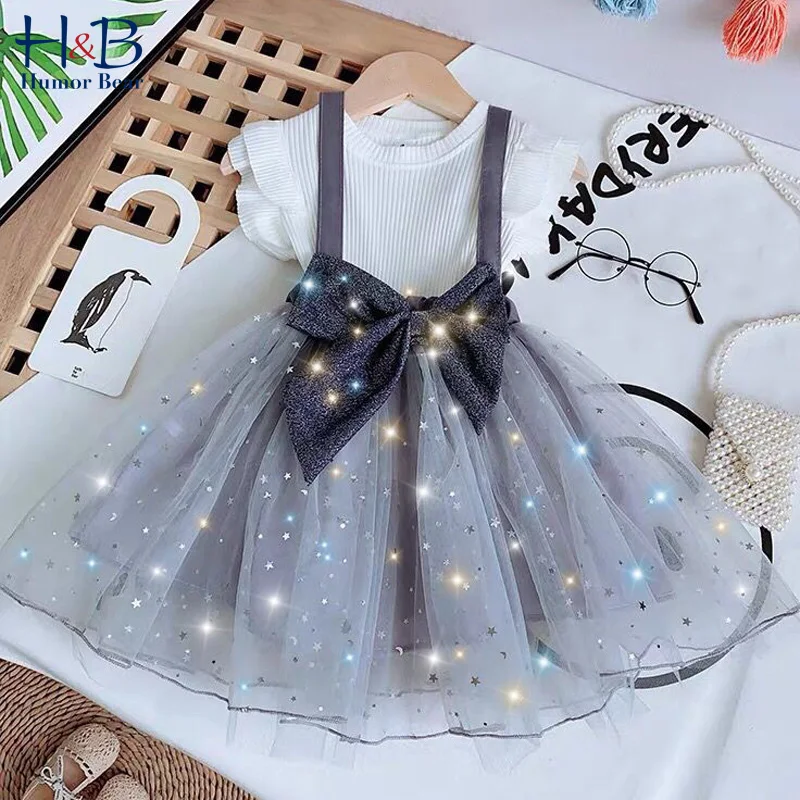 

Humor Bear Baby Girls Clothing Set Summer Korean Flying Sleeve T-shirt+Suspender Skirt Bow Kids 2PCS Suit Toddler Girl Clothes