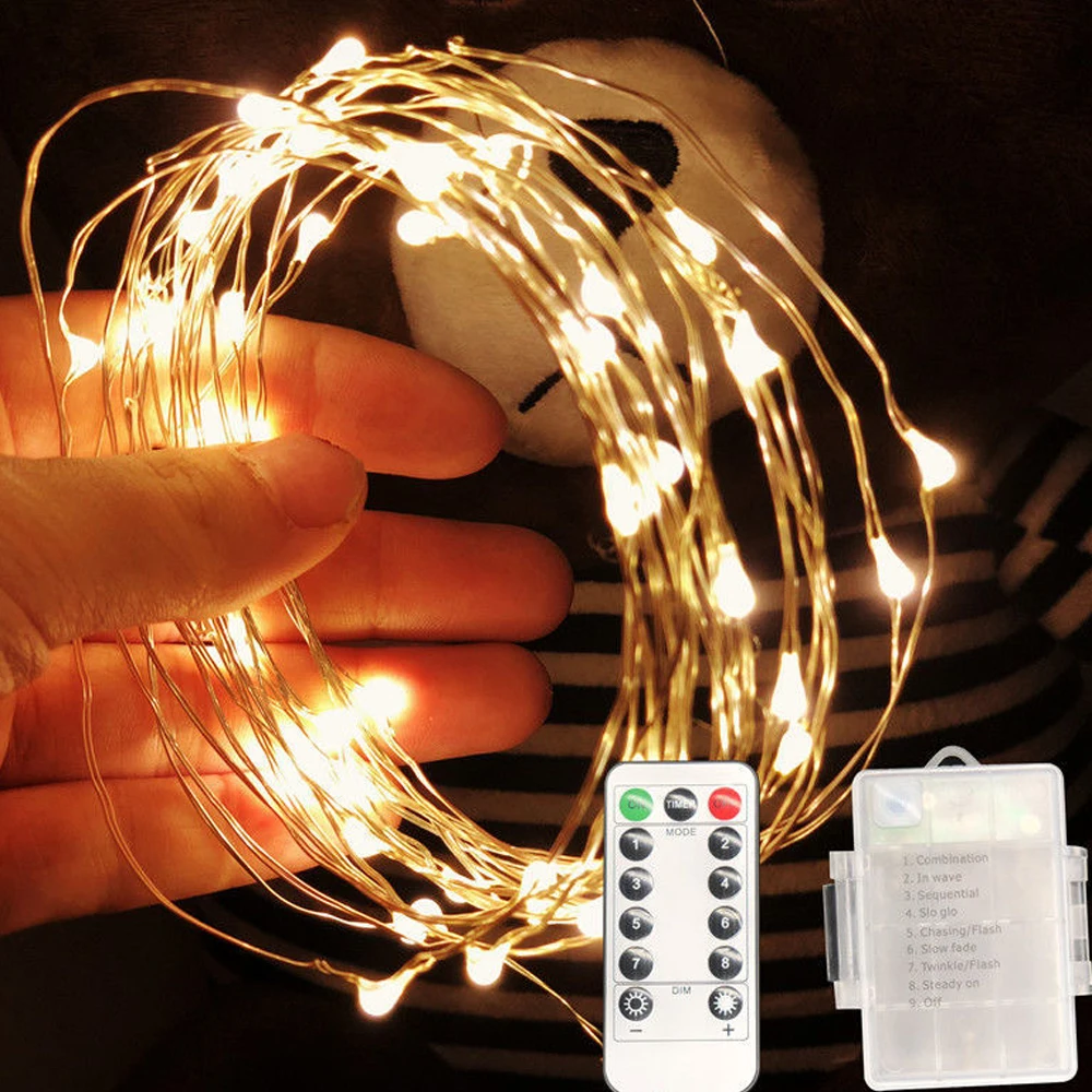 Controle remoto luzes de fadas led string luzes fio cobre 8 modo alimentado por bateria à prova dwaterproof água fadas guirlanda decoração natal