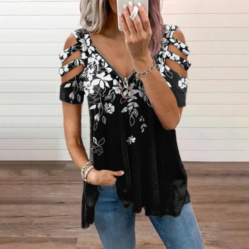 

Black Shirt Hole Women Summer Fashion Tops Lady Short Sleeves Zipper V Neck T Shirt Female Pullover Floral Print Loose Clothes