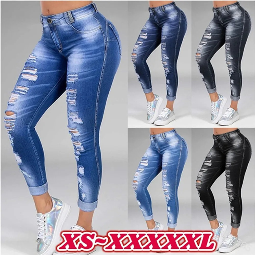 

Women's high waist jeans casual pencil pants hot sale women's retro jeans ripped holes ladies hip hop jeans slim trousers