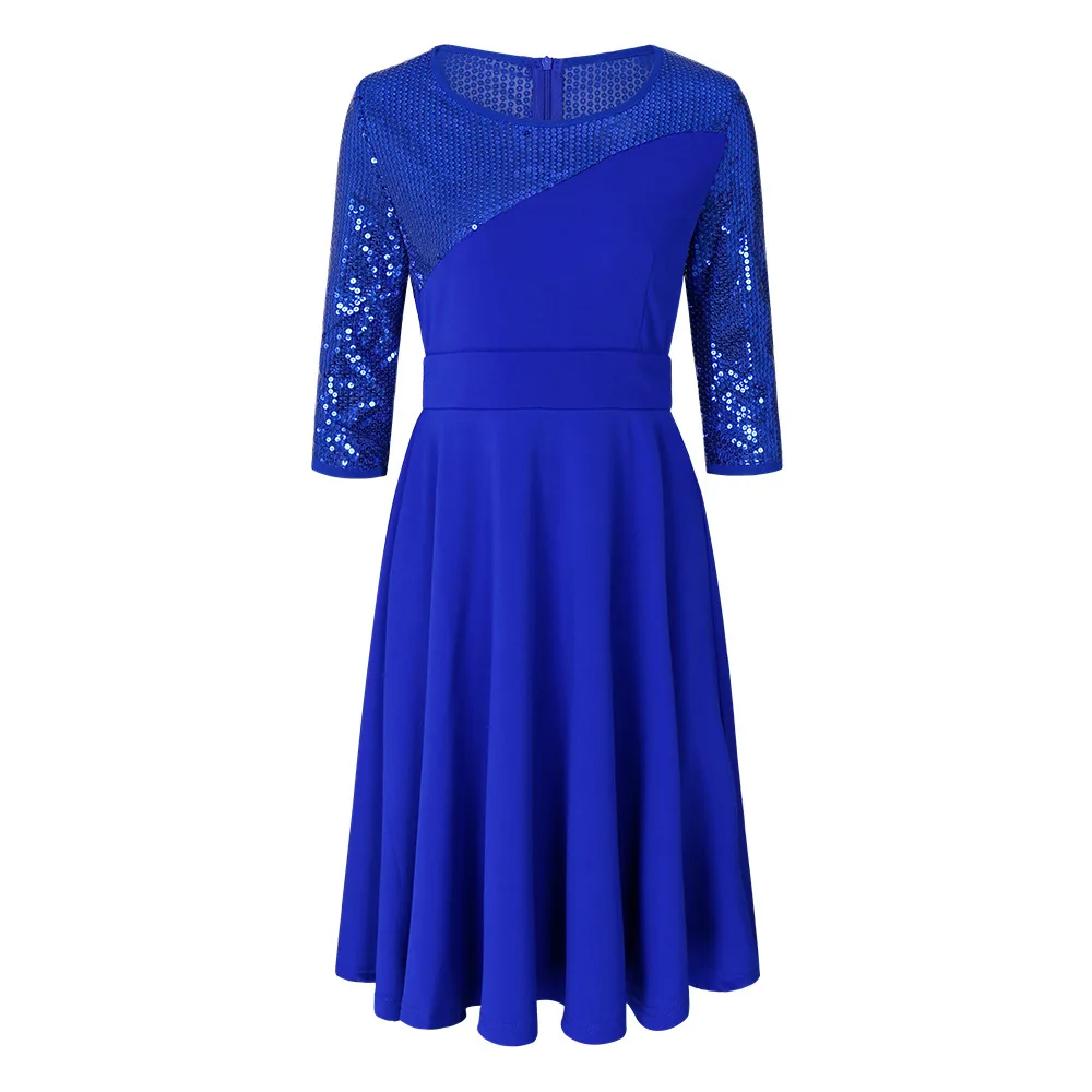 

2019 Autumn Popular European and American Large Size Dress Sequined Irregular Stitching Evening Solid Color Expandable Dress