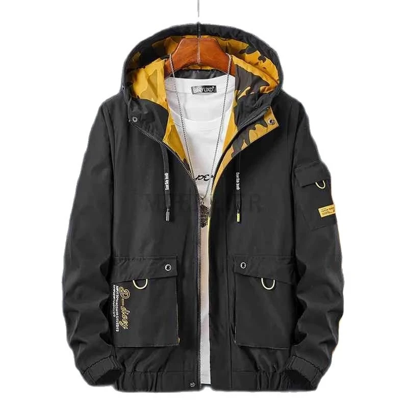 

autumn winter men cargo jackets Camouflage hooded pockets zipper casual out door coat large size 8XL 9XL outwear letter jacket