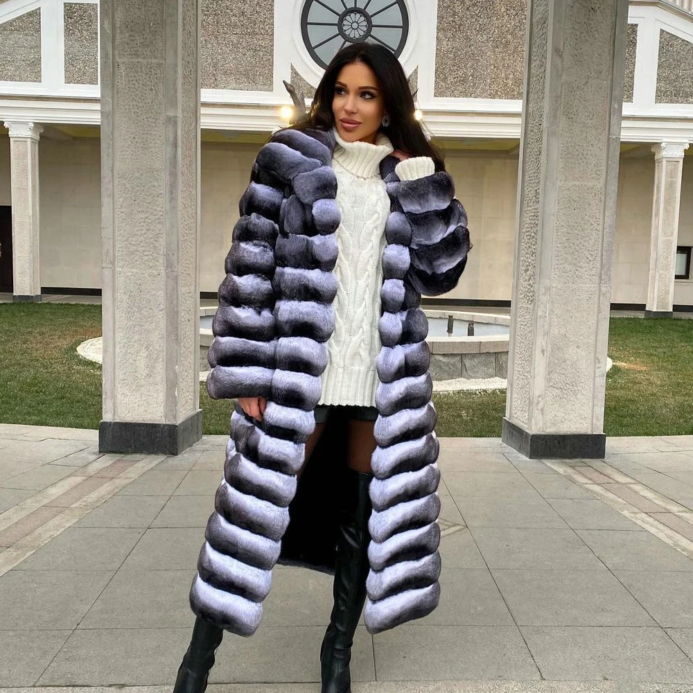 

Long Real Fur Coat for Women Winter Fashion High Street Casual Whole Skin Rex Rabbit Fur Coat Turn-down Collar Natural Overcoat